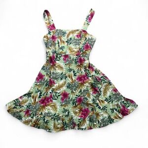 Kori America Hawaiian Floral faux wrap dress adjustable straps smocked back